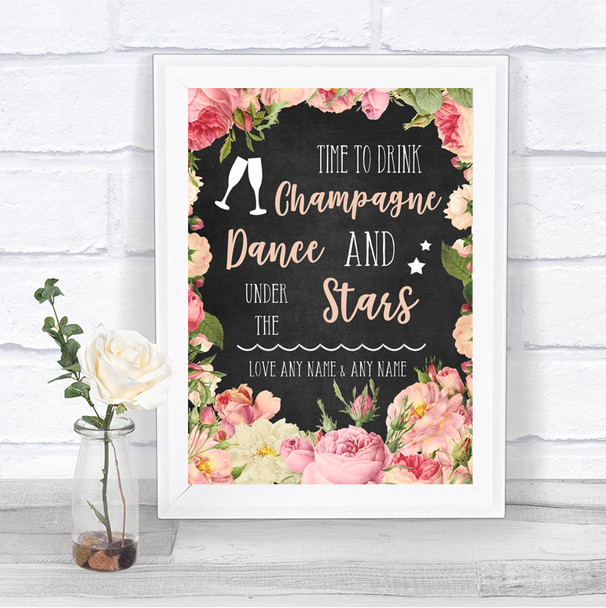 Chalkboard Style Pink Roses Drink Champagne Dance Stars Wedding Sign