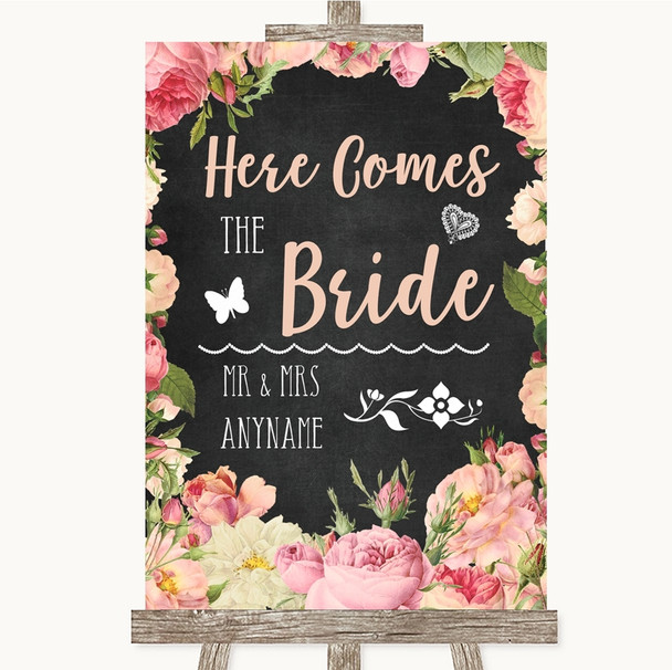 Chalkboard Style Pink Roses Here Comes Bride Aisle Personalized Wedding Sign