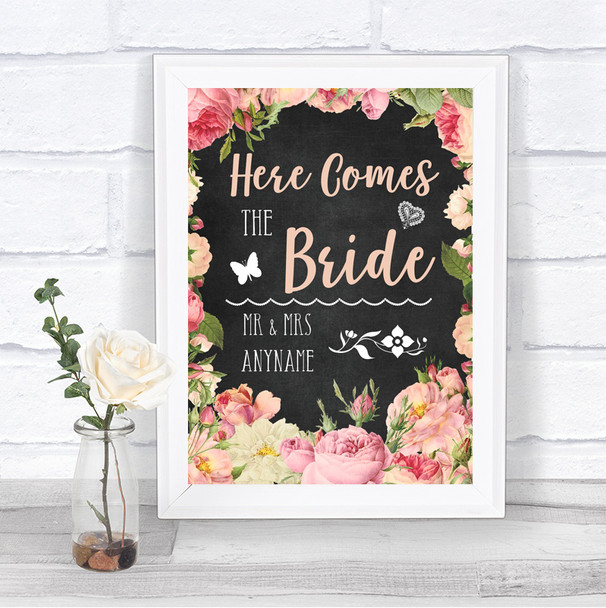 Chalkboard Style Pink Roses Here Comes Bride Aisle Personalized Wedding Sign