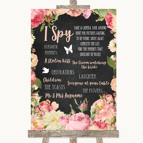 Chalkboard Style Pink Roses I Spy Disposable Camera Personalized Wedding Sign