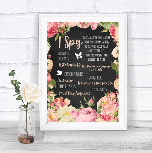 Chalkboard Style Pink Roses I Spy Disposable Camera Personalized Wedding Sign