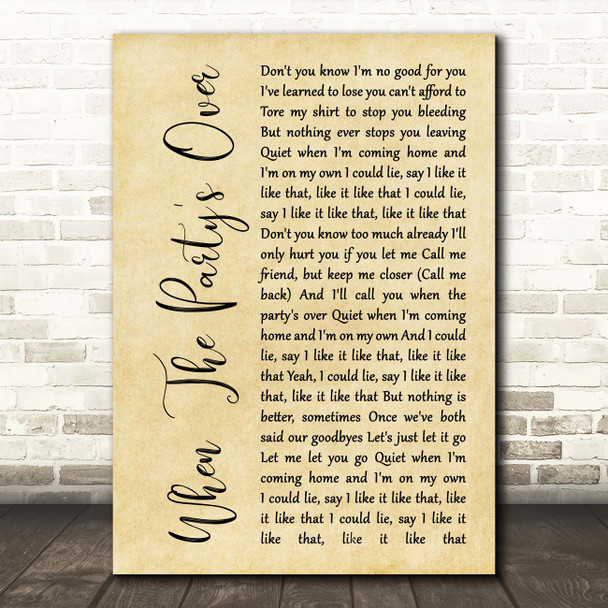 Billie Eilish When The Party's Over Rustic Script Song Lyric Print