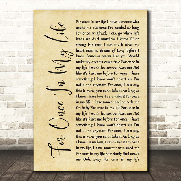 Stevie Wonder For Once In My Life Rustic Script Song Lyric Print