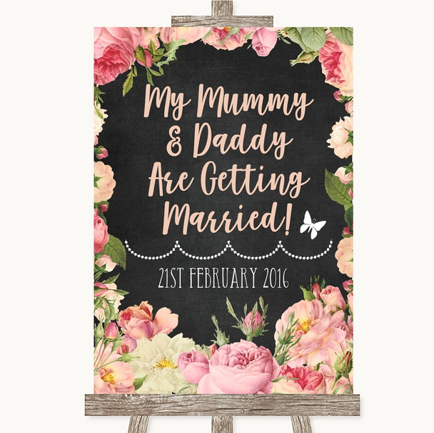 Chalkboard Style Pink Roses Mummy Daddy Getting Married Wedding Sign