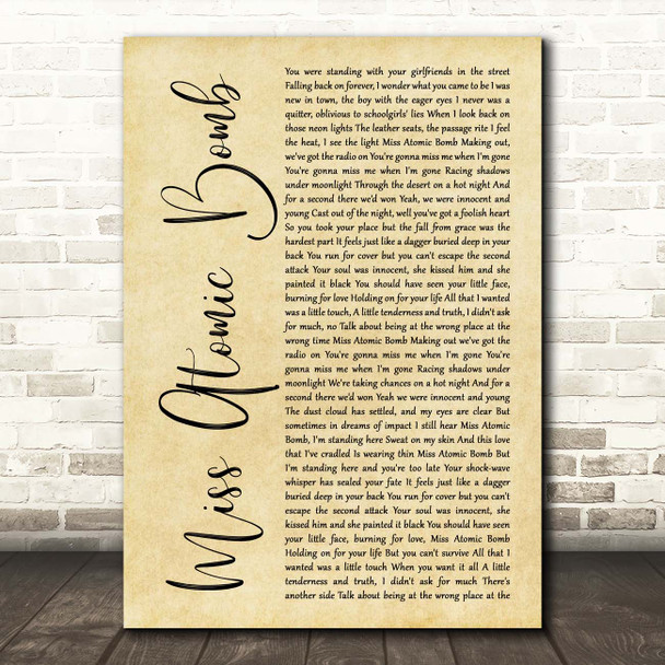 The Killers Miss Atomic Bomb Rustic Script Song Lyric Print