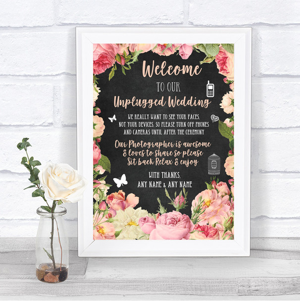 Chalkboard Style Pink Roses No Phone Camera Unplugged Personalized Wedding Sign