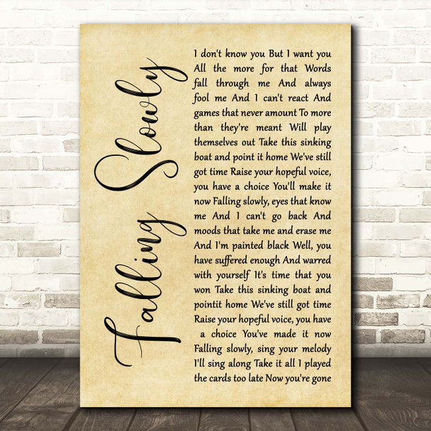 Glen Hansard, Marketa Irglova Falling Slowly Rustic Script Song Lyric Print