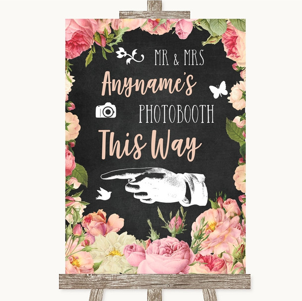 Chalkboard Style Pink Roses Photobooth This Way Left Personalized Wedding Sign