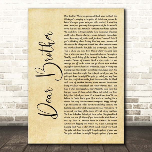Nahko And Medicine For The People Dear Brother Rustic Script Song Lyric Print