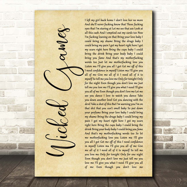 The Weeknd Wicked Games Rustic Script Song Lyric Print