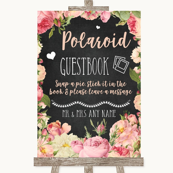 Chalkboard Style Pink Roses Polaroid Guestbook Personalized Wedding Sign