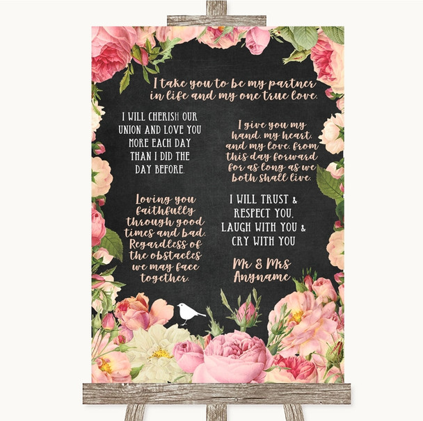 Chalkboard Style Pink Roses Romantic Vows Personalized Wedding Sign