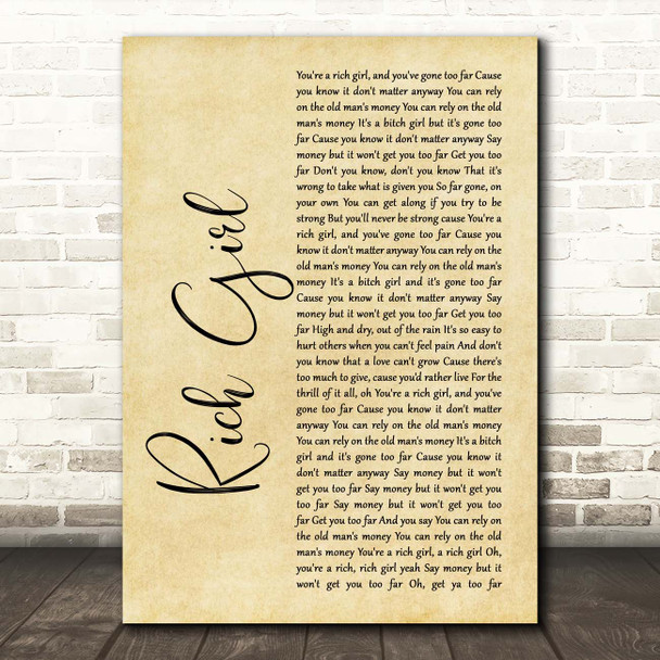 Hall & Oates Rich Girl Rustic Script Song Lyric Print