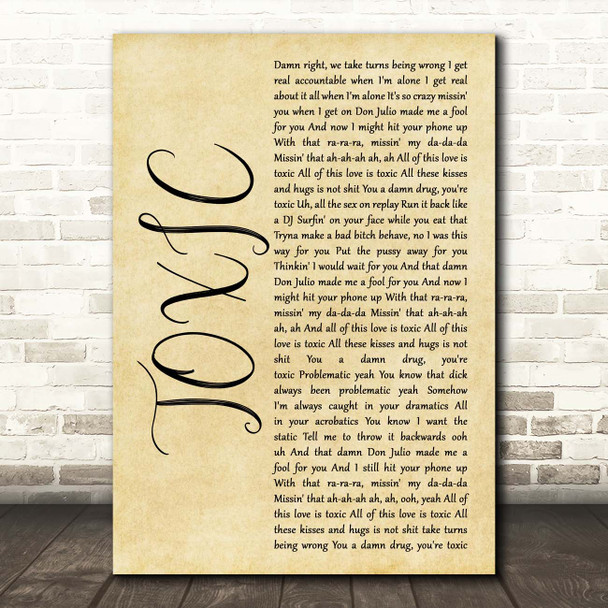 Kehlani TOXIC Rustic Script Song Lyric Print