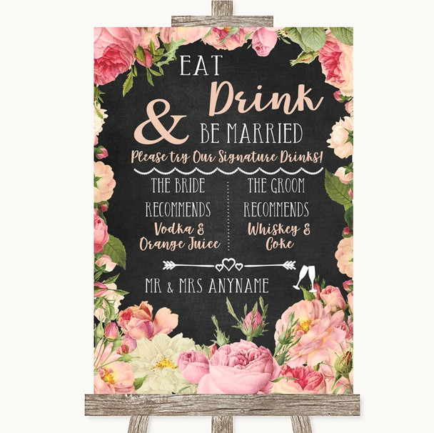 Chalkboard Style Pink Roses Signature Favourite Drinks Personalized Wedding Sign