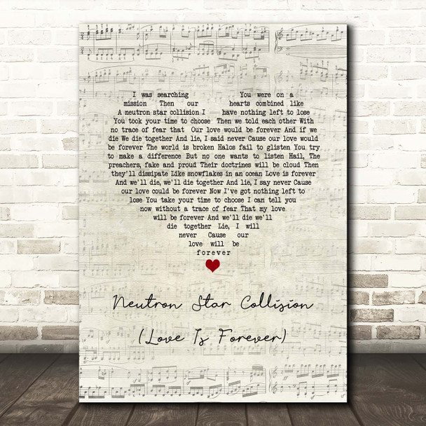 Muse Neutron Star Collision (Love Is Forever) Script Heart Song Lyric Print