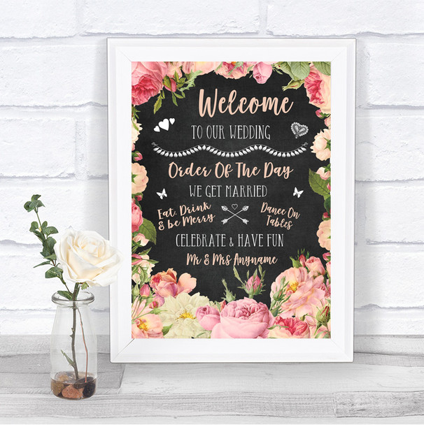 Chalkboard Style Pink Roses Welcome Order Of The Day Personalized Wedding Sign