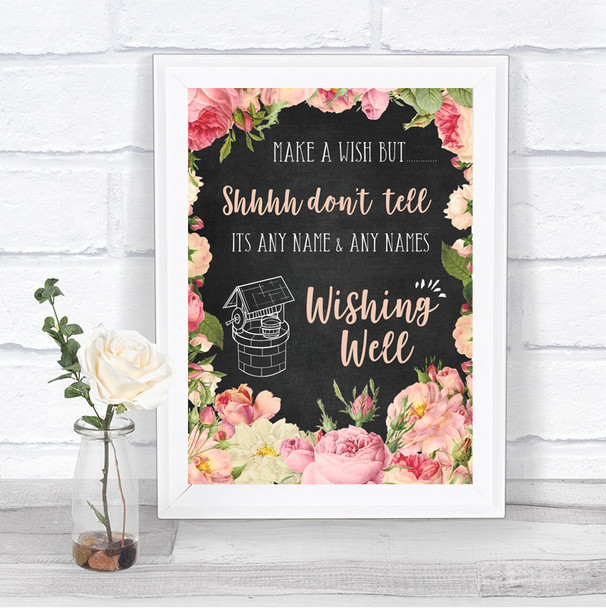 Chalkboard Style Pink Roses Wishing Well Message Personalized Wedding Sign