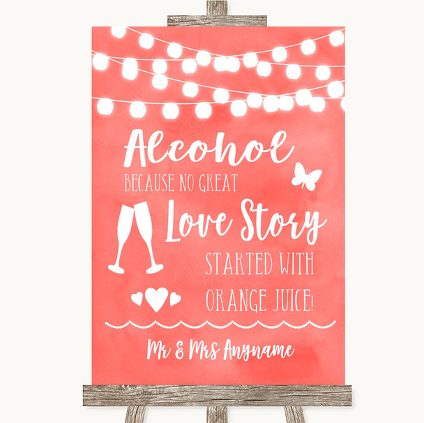 Coral Watercolour Lights Alcohol Bar Love Story Personalized Wedding Sign