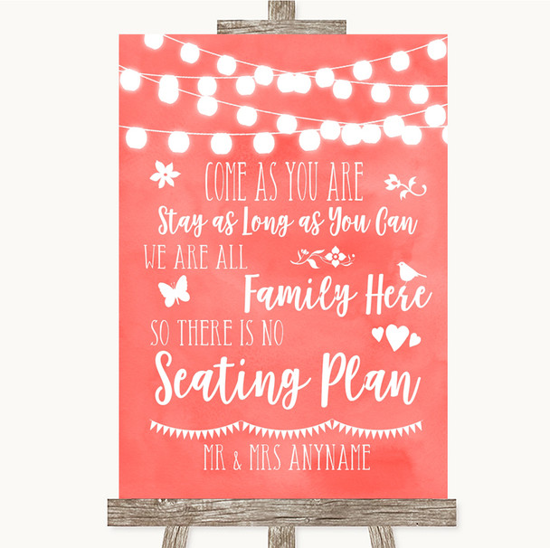 Coral Watercolour Lights All Family No Seating Plan Personalized Wedding Sign