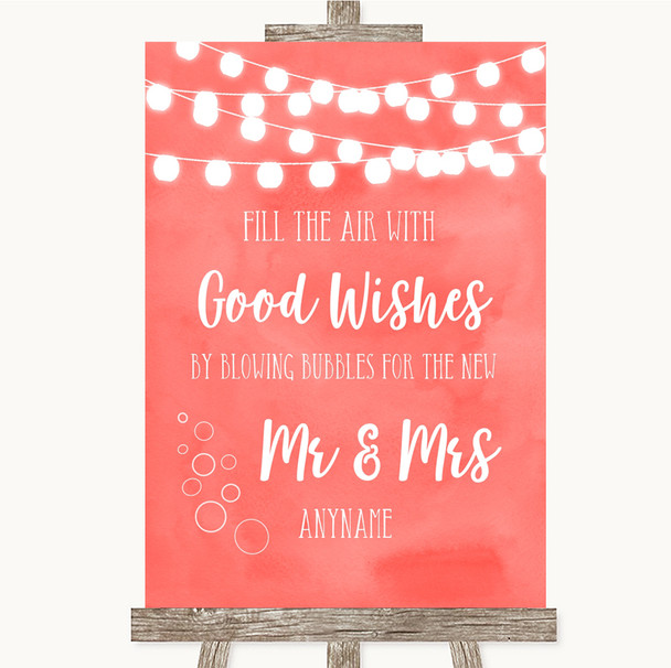 Coral Watercolour Lights Blow Bubbles Personalized Wedding Sign