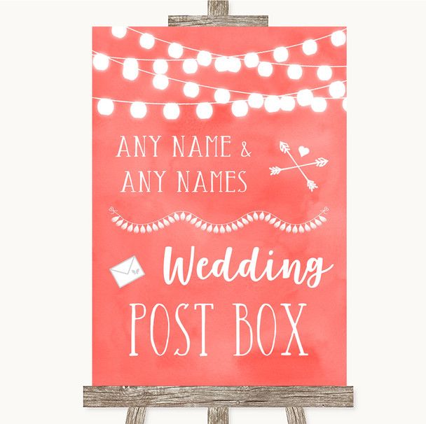 Coral Watercolour Lights Card Post Box Personalized Wedding Sign