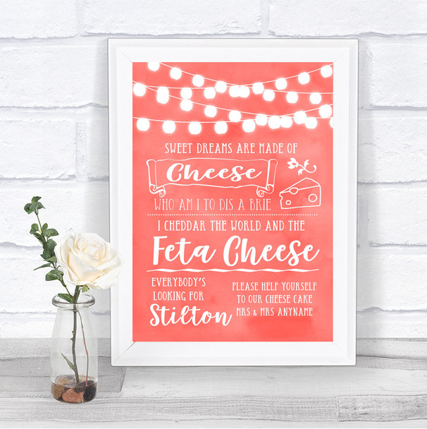 Coral Watercolour Lights Cheesecake Cheese Song Personalized Wedding Sign