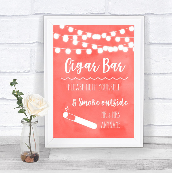 Coral Watercolour Lights Cigar Bar Personalized Wedding Sign