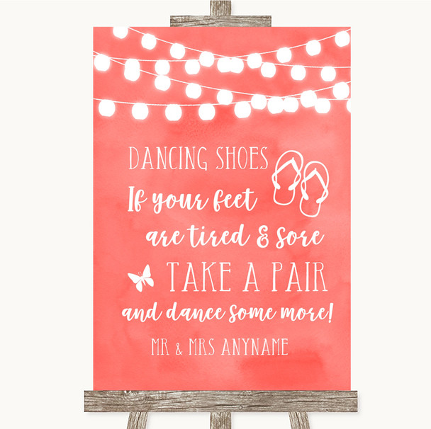 Coral Watercolour Lights Dancing Shoes Flip Flops Personalized Wedding Sign
