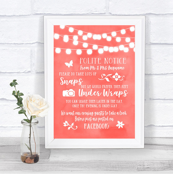 Coral Watercolour Lights Don't Post Photos Facebook Personalized Wedding Sign