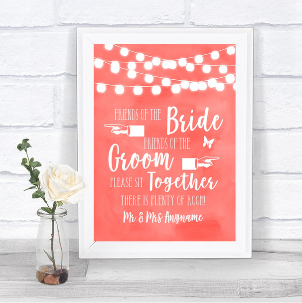 Coral Watercolour Lights Friends Of The Bride Groom Seating Wedding Sign