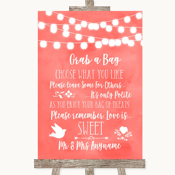 Coral Watercolour Lights Grab A Bag Candy Buffet Cart Sweets Wedding Sign