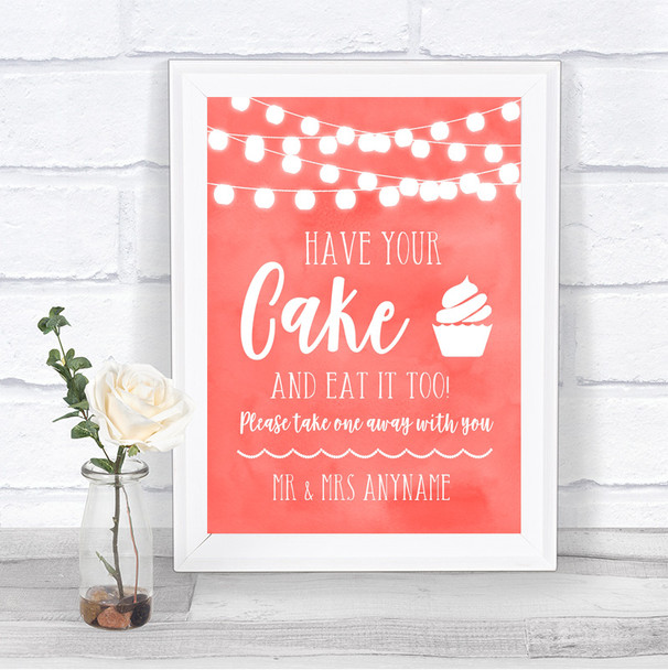 Coral Watercolour Lights Have Your Cake & Eat It Too Personalized Wedding Sign