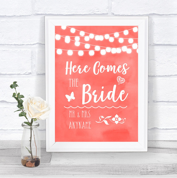 Coral Watercolour Lights Here Comes Bride Aisle Personalized Wedding Sign