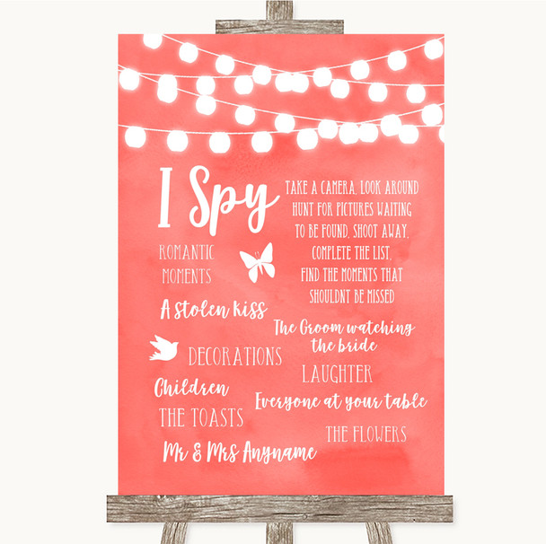 Coral Watercolour Lights I Spy Disposable Camera Personalized Wedding Sign