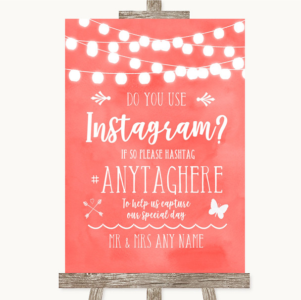 Coral Watercolour Lights Instagram Photo Sharing Personalized Wedding Sign