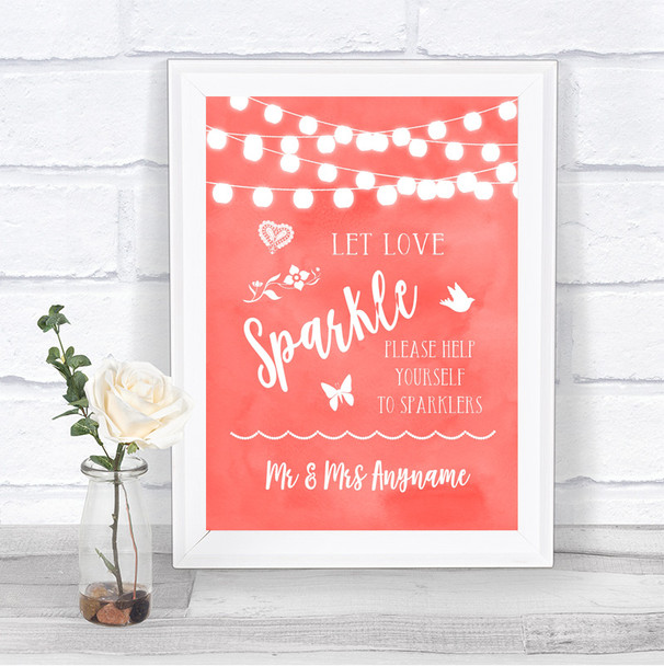 Coral Watercolour Lights Let Love Sparkle Sparkler Send Off Wedding Sign