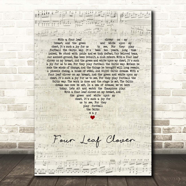 Celtic Songs Glasgow Celtic FC Four Leaf Clover Script Heart Song Lyric Print