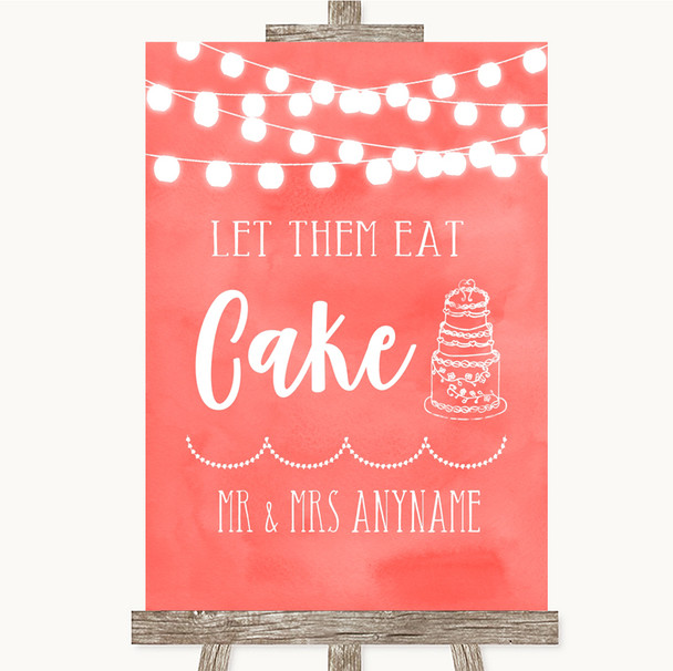 Coral Watercolour Lights Let Them Eat Cake Personalized Wedding Sign