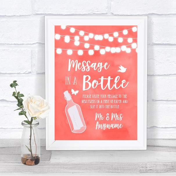 Coral Watercolour Lights Message In A Bottle Personalized Wedding Sign