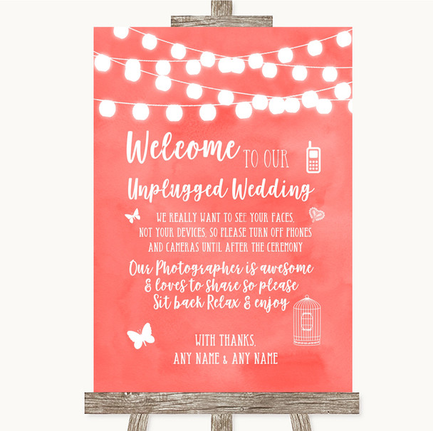 Coral Watercolour Lights No Phone Camera Unplugged Personalized Wedding Sign