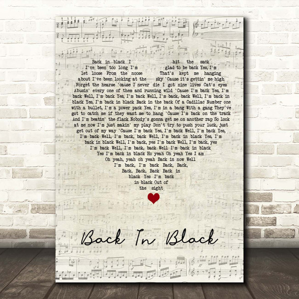 ACDC Back In Black Script Heart Song Lyric Print