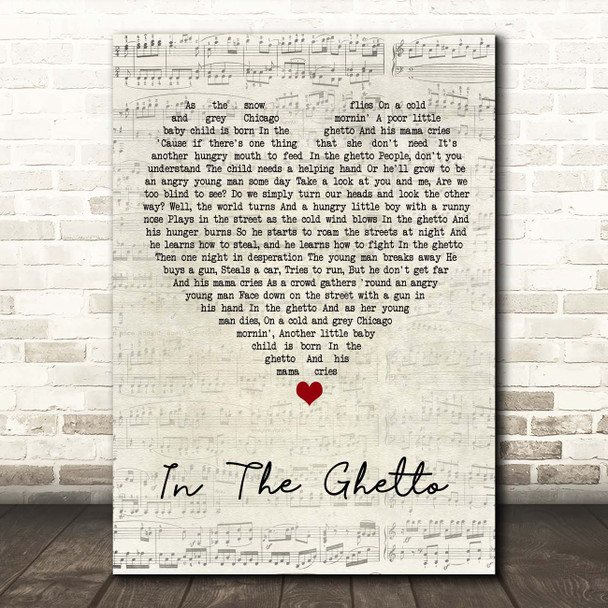 Elvis Presley In The Ghetto Script Heart Song Lyric Print