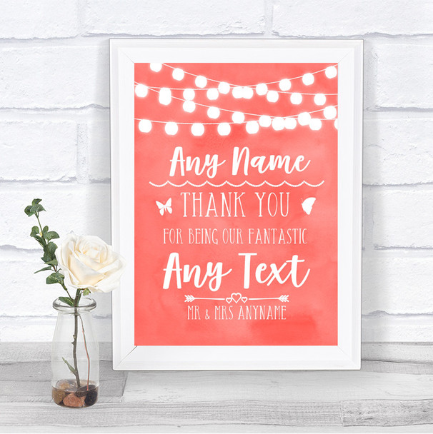 Coral Watercolour Lights Thank You Bridesmaid Page Boy Best Man Wedding Sign