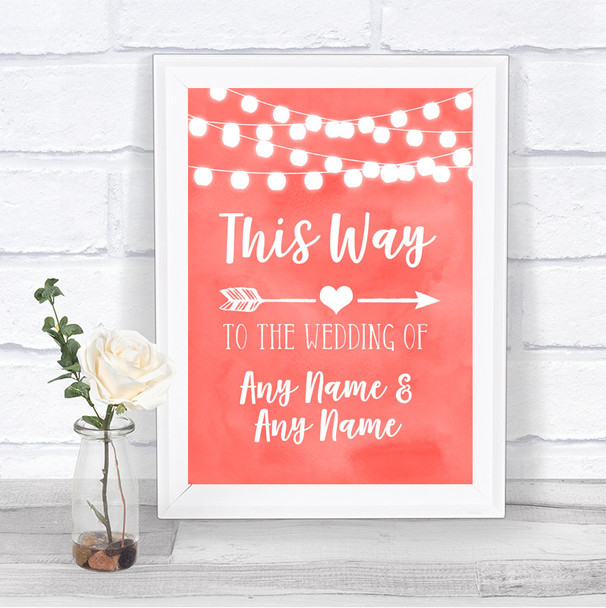 Coral Watercolour Lights This Way Arrow Right Personalized Wedding Sign
