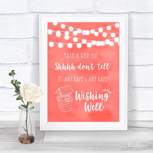Coral Watercolour Lights Wishing Well Message Personalized Wedding Sign