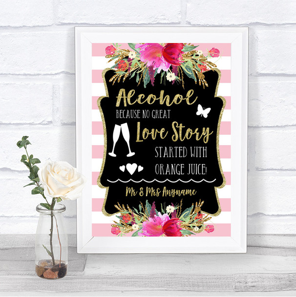 Gold & Pink Stripes Alcohol Bar Love Story Personalized Wedding Sign