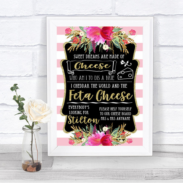 Gold & Pink Stripes Cheeseboard Cheese Song Personalized Wedding Sign