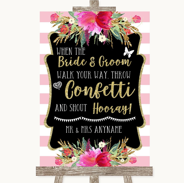 Gold & Pink Stripes Confetti Personalized Wedding Sign