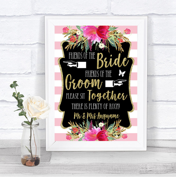 Gold & Pink Stripes Friends Of The Bride Groom Seating Personalized Wedding Sign